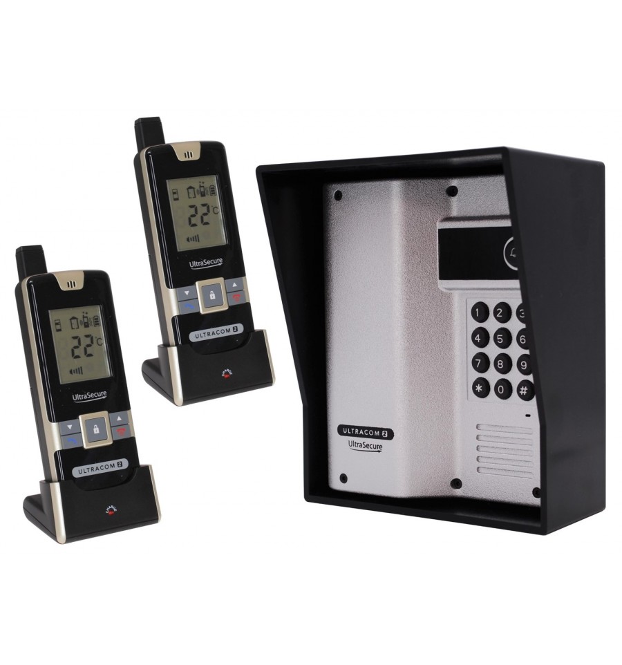 Ultra Secure Intercom Wireless UltraCOM2 Intercom Keypad & 2 Handsets Silver & Black Hood